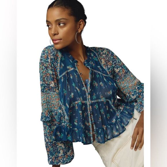 Anthropologie Womens Babydoll PeasantTop Size L Floral Boho Sheer Croppped - Picture 3 of 11